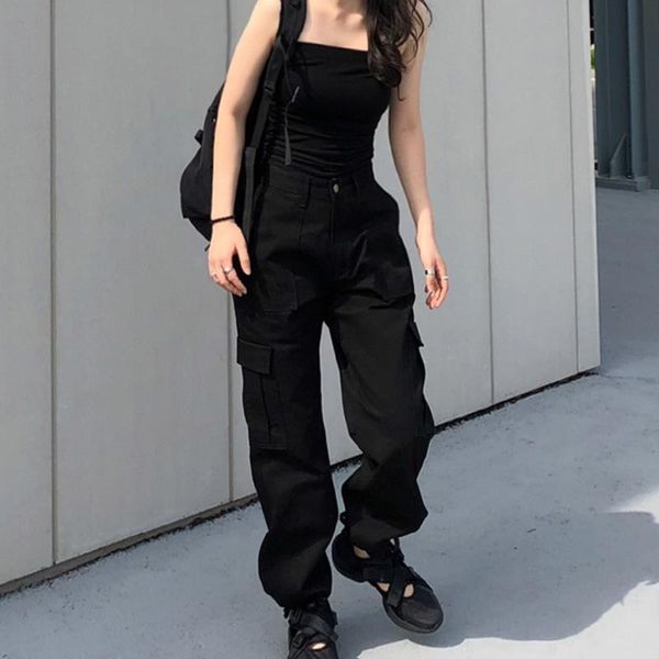 

cargo wide leg casual womens capris femme punk gothic high waist trouser harajuku pantalones mujer drawstring harem, Black;white