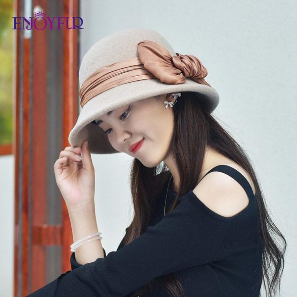 

stingy brim hats enjoyfur women winter fedora warm wool felt knit bucket caps fashion bow ribbon female casual party autumn formal, Blue;gray