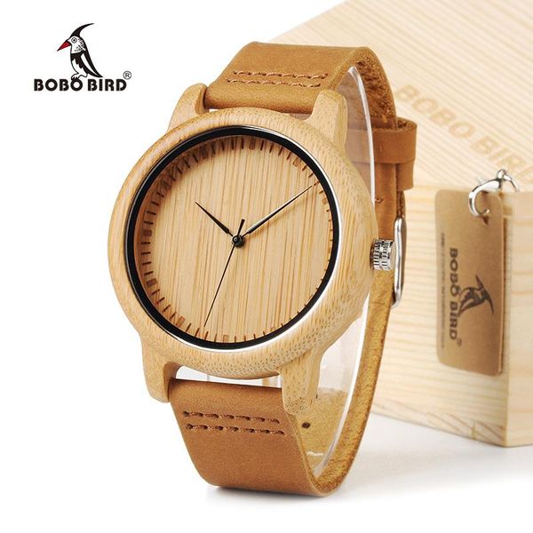

wristwatches bobo bird simple men bamboo watches 43mm wood dial with leather strap in gift box, Slivery;brown