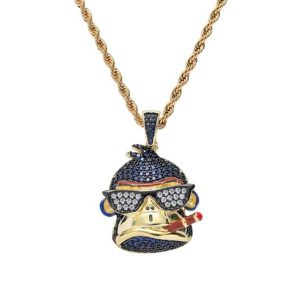 

pendant necklaces iced out chain 18k gold plated bling cz simulated diamond smoking monkey men's hip hop necklace for men charm jewelry, Silver