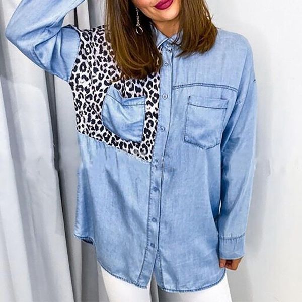 

women's jackets classic denim leopard stitching single-breasted oversized casual cardigan long sleeve shirt chaqueta vaquera mujer, Black;brown