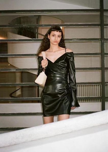 

casual dresses autumn and winter waist pleated asymmetric design v neck off shoulder black long sleeve mini pu leather slim dress, Black;gray