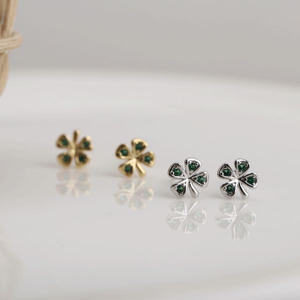 

s925 sterling silver jewelry green lucky clover zirconium diamond mini versatile student girlfriend earrings, Black