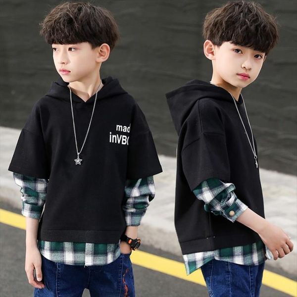 

kids clothes boys shirts plaid hoodie long sleeve patchwork children clothing 4 6 7 8 9 11 12 13, Blue
