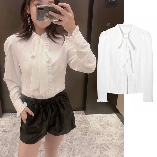 

women's blouses & shirts new fashion pure white lace up women collar long sleeve chiffon blouse sleeves shirt casual loose 6z