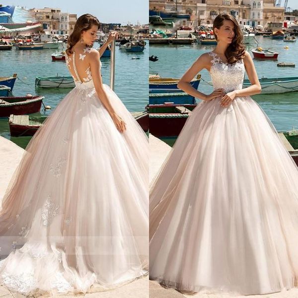 2021 A-Linie Brautkleider Brautkleider Plus Size Ärmelloses Illusionsmieder Bedeckter Knopf Spitze Applikation Perlen Vestios De Novia