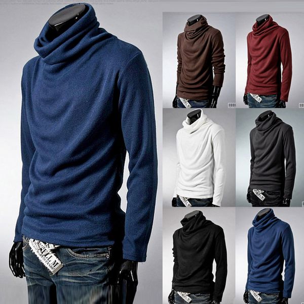 

mens high collar lapel bottoming sweater solid color long sleeve slim pleated sweaters autumn casual, White;black