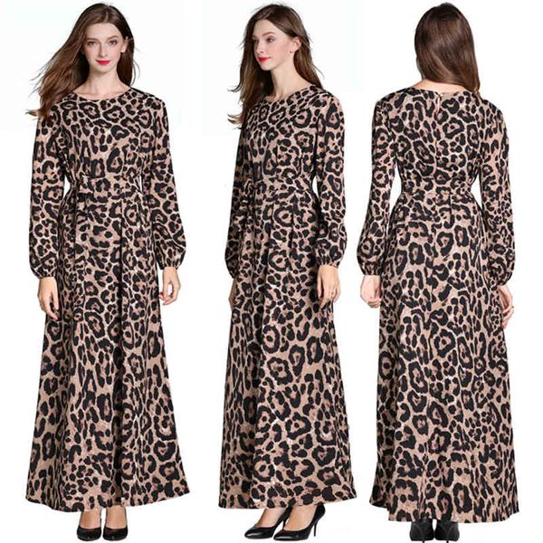 

women leopard print ankle length dress vintage long sleeve casual party es ladies office elegant o-neck 210428, Black;gray