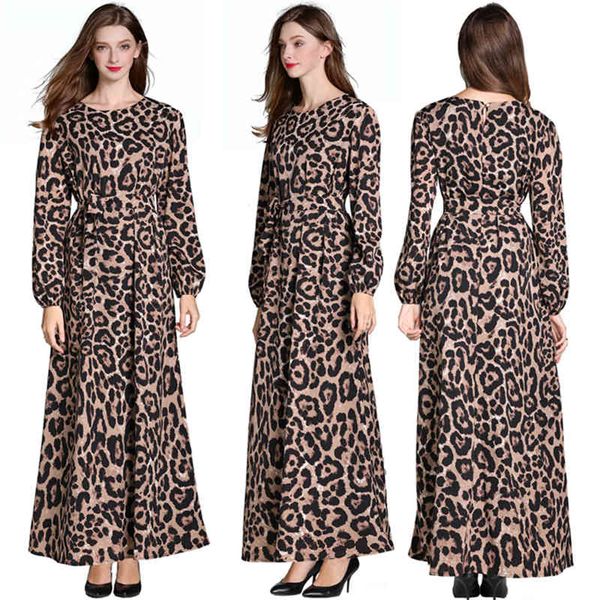 Mulheres Leopard Impressão Ankle Comprimento Dress Vintage Manga Longa Festa Casual Espresa Escritório Elegante O-Pescoço 210428