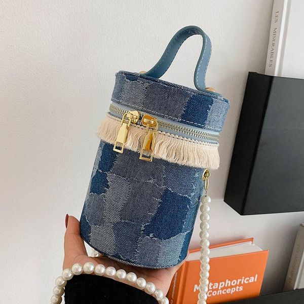 

evening bags casual denim cylinder handbags for women 2021 barrel-shaped shoulder messenger bag fashion pearl strap bucket