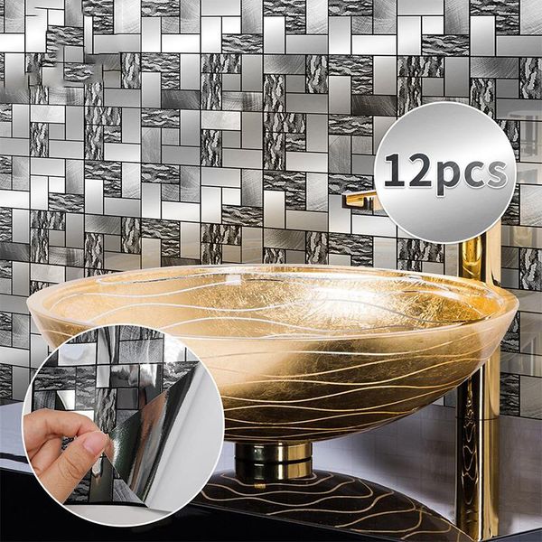 

wall stickers 12pcs european metal wind flashing tile mosaic kitchen bathroom waterproof self-adhesive home decoration