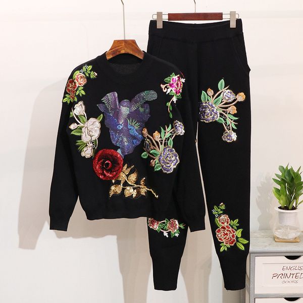 

arrivals autumn spring sequin flower sets long sleeve sweater leggings fashion suit set for women hr318 210525, White