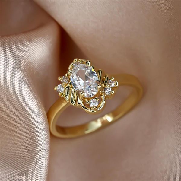 

wedding rings cute female white oval crystal ring charm gold color for women luxury bride thin engagement, Slivery;golden