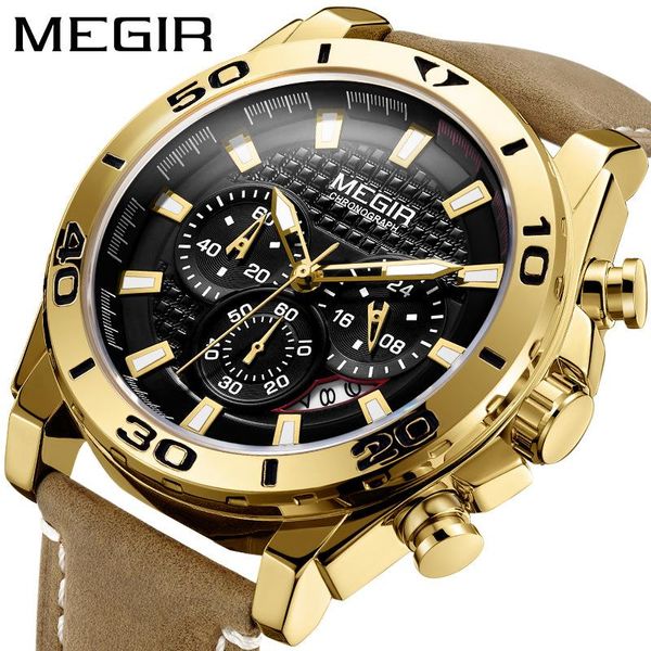 

wristwatches megir fashion men's watch multi-function true three-eye quartz date leather strap sports reloj hombre clock, Slivery;brown