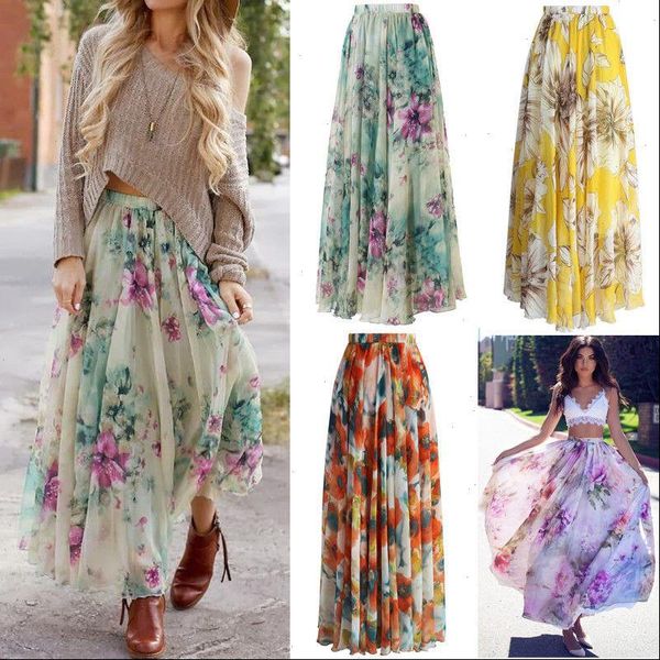 

casual women skirt summer chiffon high waist pleated floral printing clothes pretty sweet for ladies, Black