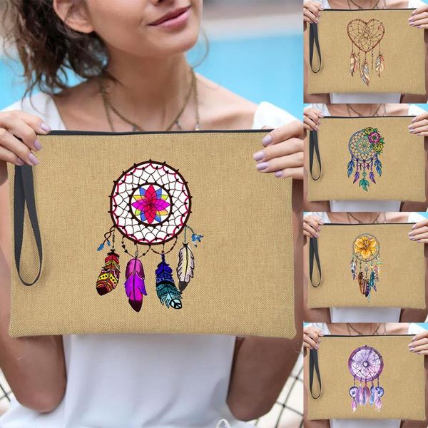 

cosmetic bags & cases women clutch feather dreamcatcher geometric vintage flower zipper makeup female travel high capacity storage pouch
