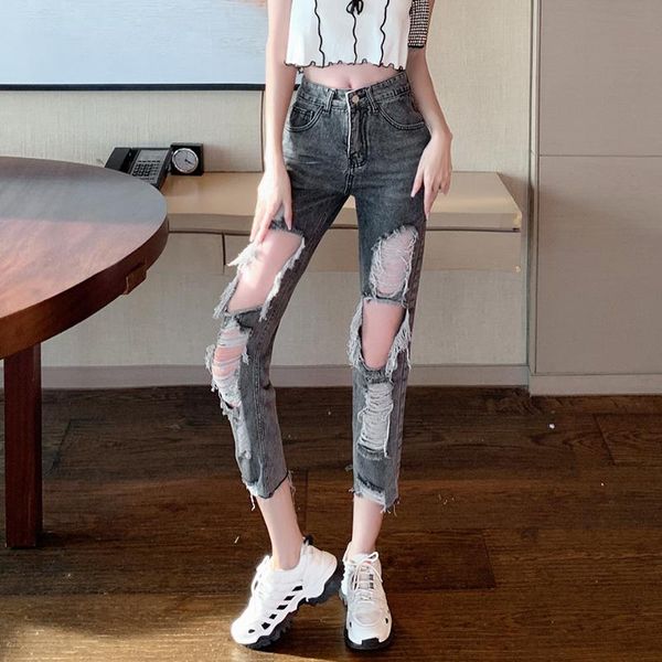 

women's jeans slim high waist black white ripped women plus size bottom vintage street denim pantalones vaqueros mujer wild, Blue