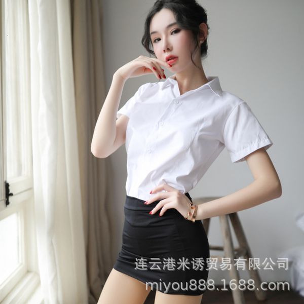 

women's white lingerie thin perspective shirt uniform temptation secretary skirt suit, Black;white