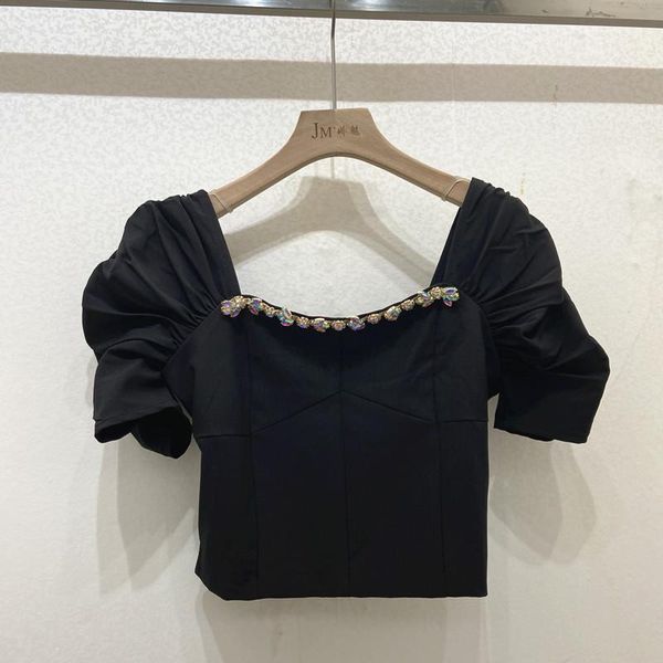 

women's blouses & shirts 2021 summer blouse for womens heavy industry diamond retro puff sleeve shirt slim slimming square collar girls, White