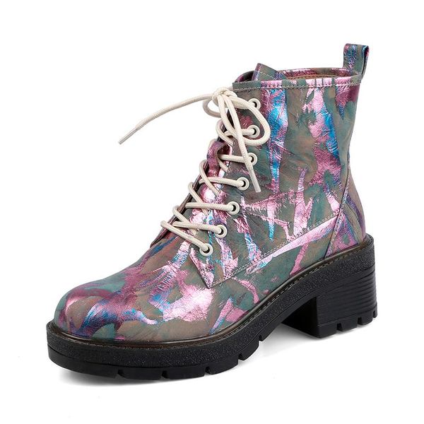 

boots 2021 ankle female fashion graffiti genuine leather shoes high-low-heeled comfortable single, Black
