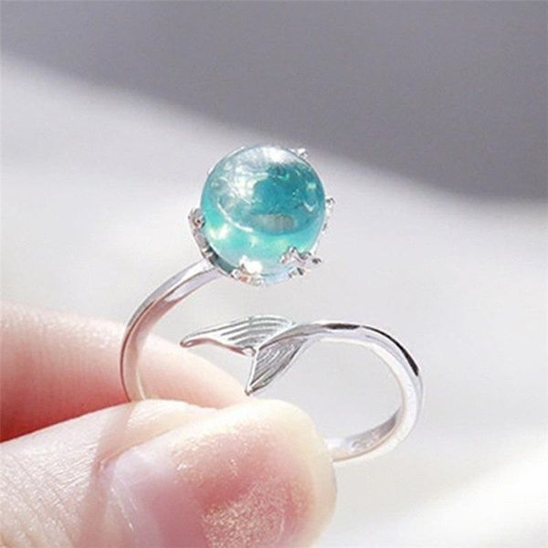 

cluster rings 925 sterling silver mermaid tail moonstone adjustable ring female blue crystal jewelry for women party elegant accessories, Golden;silver