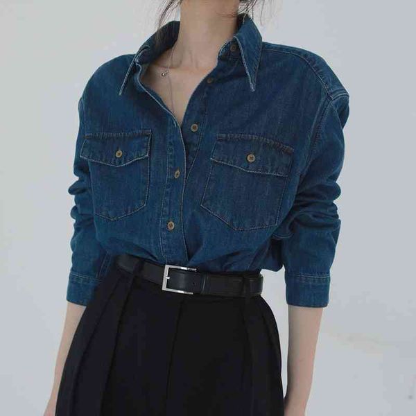 

denim dark blue loose jacket womens blouses blusas mujer de moda, White