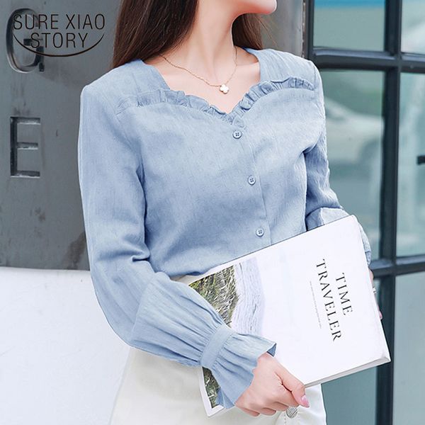 

fashion long sleeve ruffles v-neck shirts blouse cotton shirt casual sweet clothes solid women 11057 210417, White