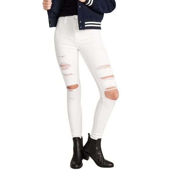 

women's jeans white trousers pencil pants 2021 spring and autumn button pocket mid waist elastic feet, Blue