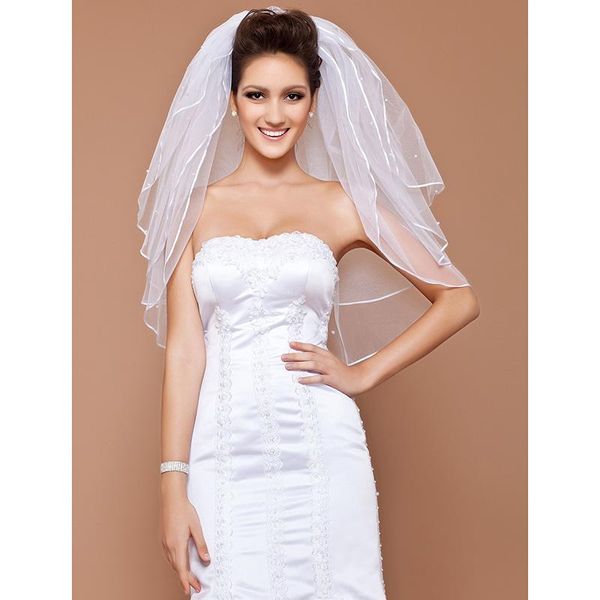 

bridal veils lan ting bride three-tier pencil edge pearl trim wedding veil elbow 53 beading 31.5 in (80cm) tulle a-line, ball gown, Black