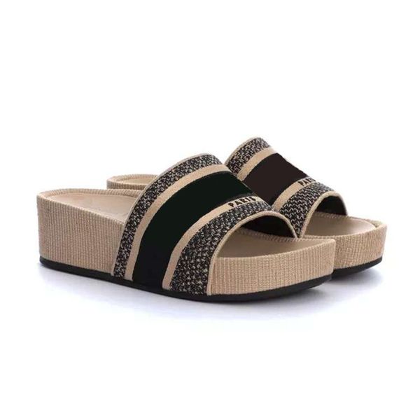 

2021 Women Luxurys Designers Slippers Platform Sandals Summer Classic Mules Slides Quilted Mule Heel Oblique Jacquard Real Leather Womens Casual Shoes Size US 4.5-9, Grey