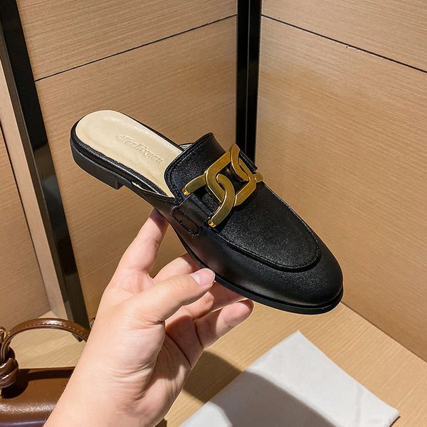 

luxury slippers baotou half slipper wear 2021 summer fashion flat bottomed women's sho muller lazy sandals large, Black