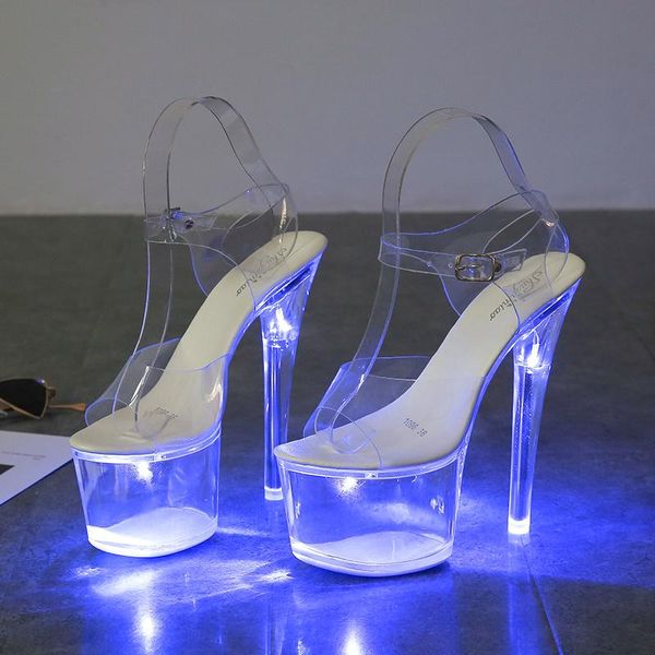 

stripper heels glitter shoes large size sandals clear heel light-emitting pvc platform buckle strap super high thin, Black