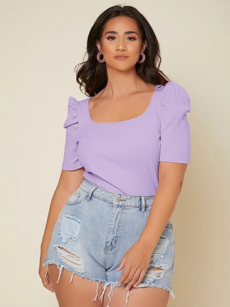 

plus ribbed knit scoop neck puff sleeve tee 091v#, Black