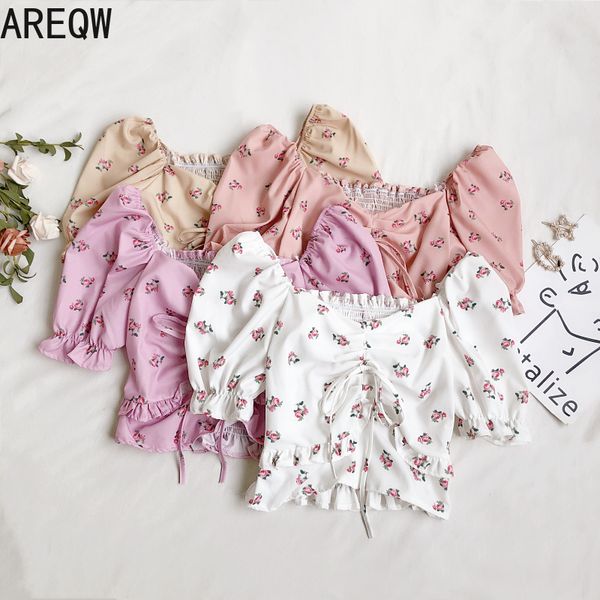 

summer sweet fresh floral square neck tie puff sleeve waist fold short shirt women 210507, White