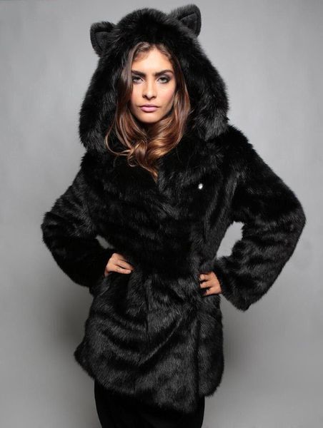 

women's fur & faux kalenmos fake coat women pure color hoodie cat ears fashion loose jacket winter ladies thick warm mid-length outwear, Black