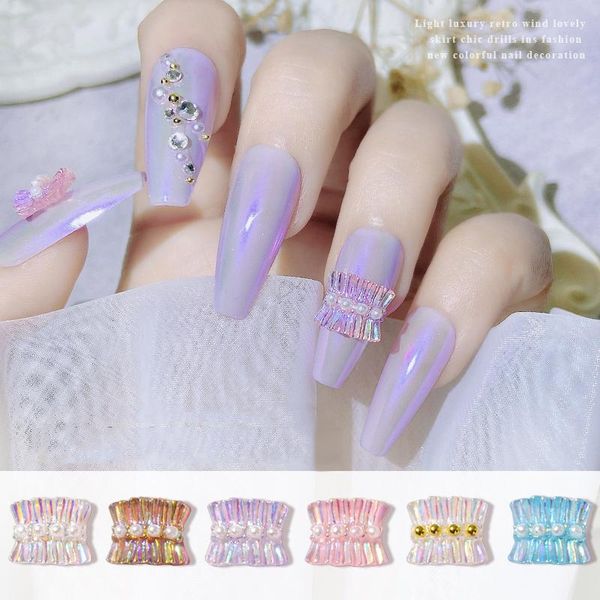 

nail art decorations 6pcs aurora resin skirt lace folds design charm pearls ornaments japanese style manicure accessories, Silver;gold