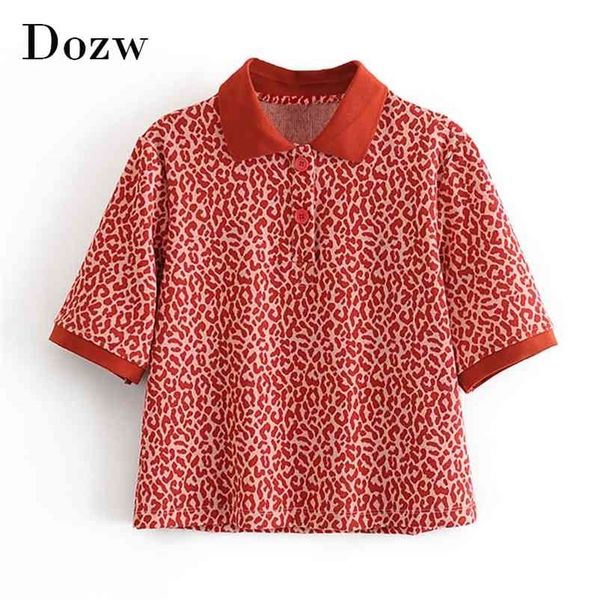 

summer fashion leopard print t shirt women short sleeve casual tee turn down collar ladies streetwear tshirt 210515, White