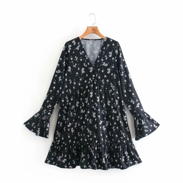 

spring women floral print v neck ruffle hem mini a line dress female flare sleeve clothes lady loose vestido d7297 210430, Black;gray
