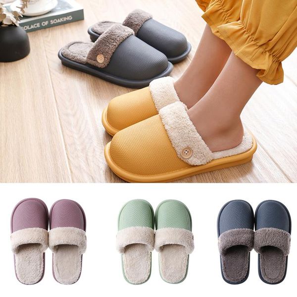 

removable washable cotton slippers women men fall winter waterproof non-slip soft bottom home luxury plush zapatillas, Black