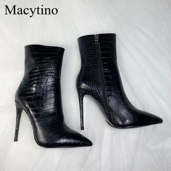 

boots fashion cowhide crocodile pattern high heel boots black short full leather winter women's rl9q