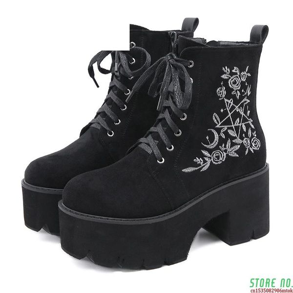 

boots fashion flower platform chunky punk suede leather womens gothic shoes nightclub lace up back zipper high quality, Black