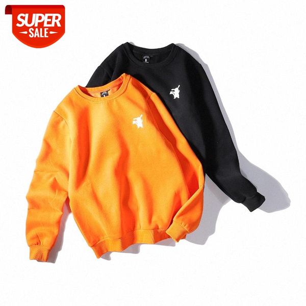 

autumn and winter round neck pullover long-sleeved loose couple jacket tide brand trend casual plus velvet sweater men's bottoming #8t7, Black