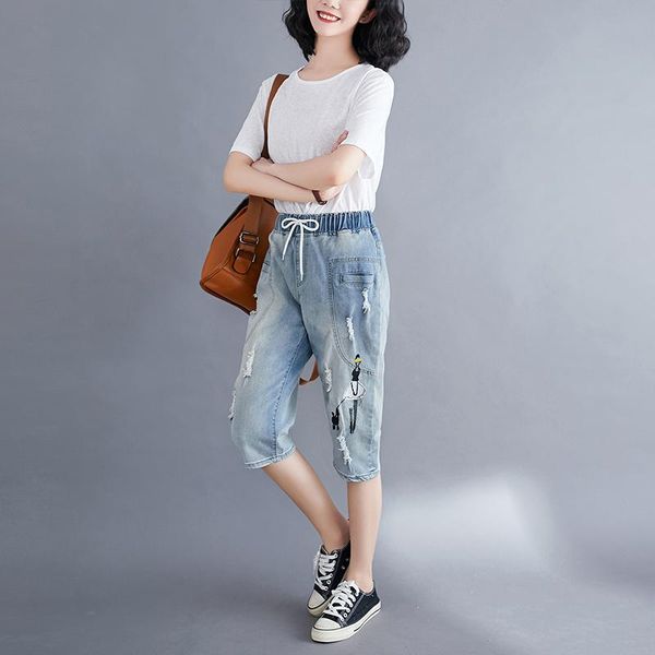 

women's jeans large size women pants summer loose slimming elastic waist hole emboridery female trousers casual, Blue