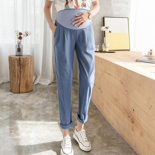 

maternity bottoms pants large size loose trousers cotton linen waist casual pregnancy clothes for pregnant women, White