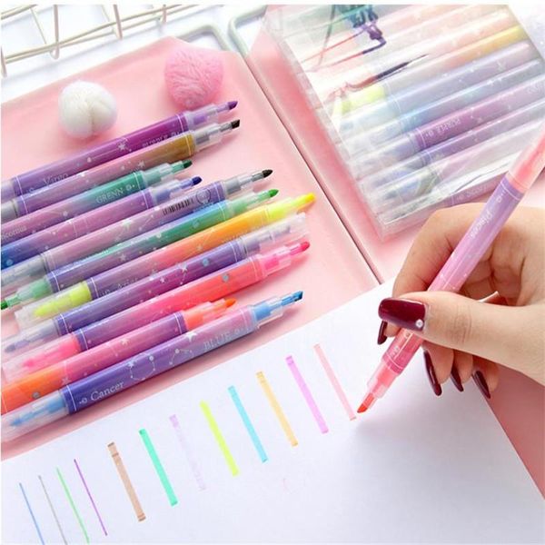 

highlighters 12 pcs/lot highlight marker diy color pens colorful highlighter pen marking double headed fluorescent, Black;red