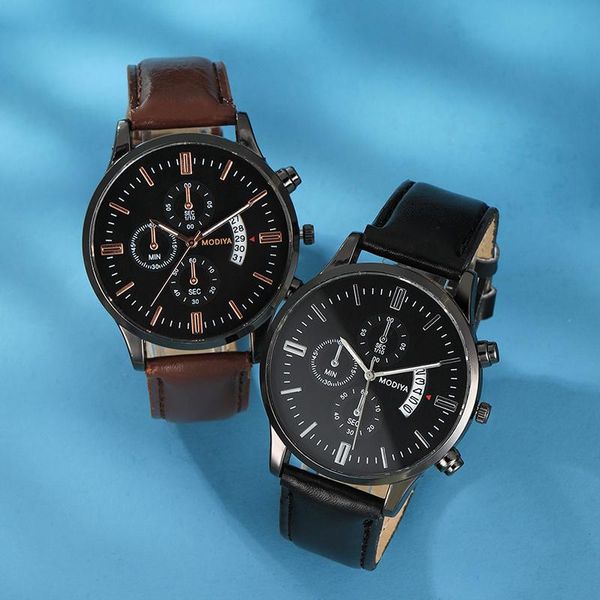 

military wrist watches for men fashion alloy big dial quartz watch business calendar fake three eyes leather strap clock relogio wristwatche, Slivery;brown