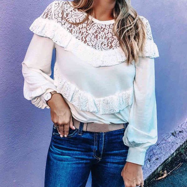 

women's blouses & shirts women solid white full sleeve blouse fashion elegant ladies hollow out lace blouses shirts ruffled side casaul