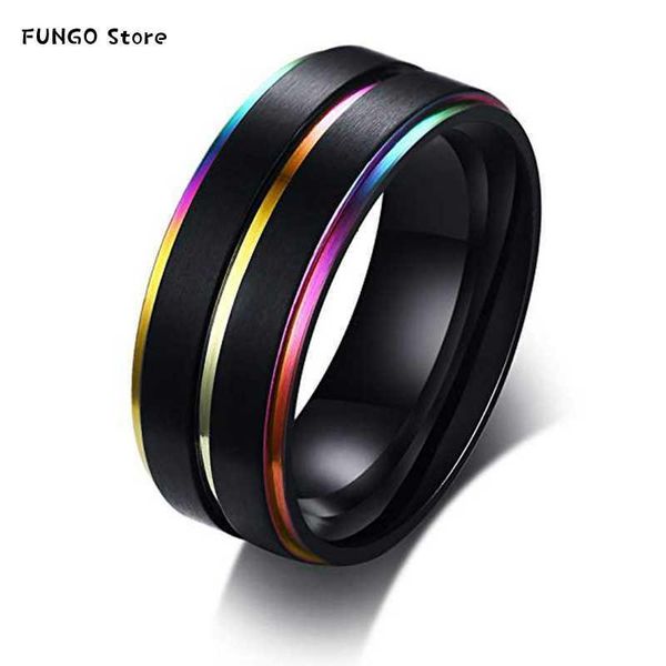 

black stainless steel basic ring for men with rainbow line classic male wedding band multi color jewelry fraternal rings, Slivery;golden