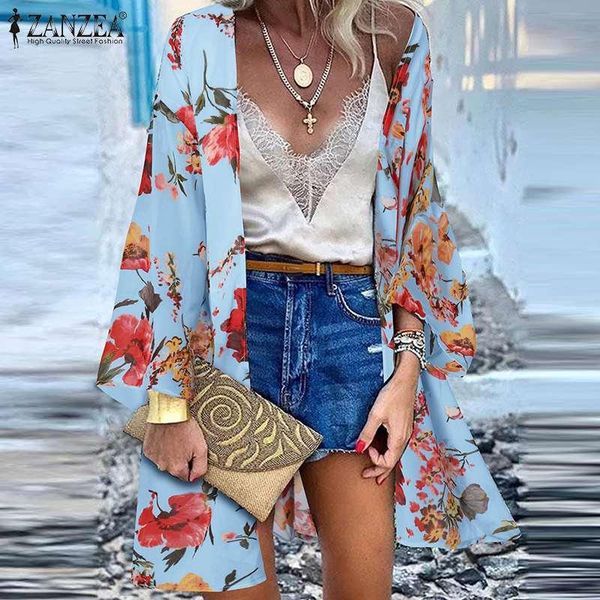 

women's blouses & shirts women floral printed kimono cardigan bohemian summer beach chiffon blouse casual long sleeve holiday cover u, White
