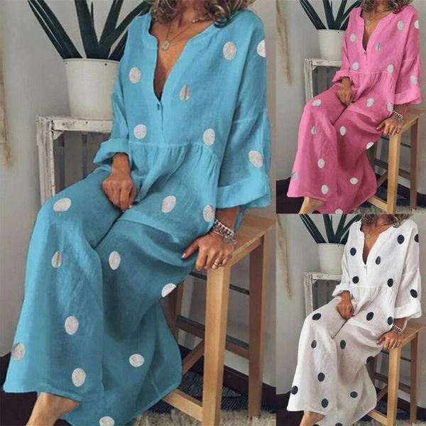 

plus size women boho v-neck long shirt dress summer holiday polka dot maxi casual dresses, Black;gray